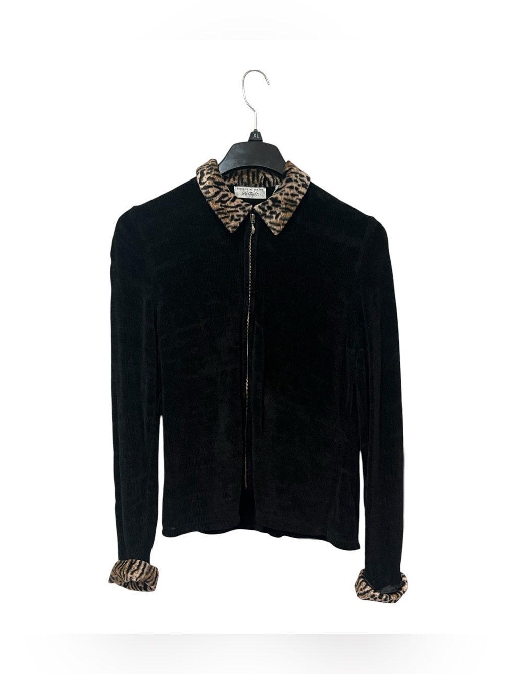 Lord & Taylor Black Women's Zip-Front Jacket with Leopard Trim Soft
